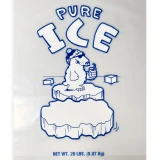 Close up of Print on Front of 20 lb. Wicketed Plain Top PURE ICE Plastic Ice Bags 13.5 x 28 + 4 BG .002