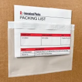 Close up of 7 x 5.5 Packing List Clear Envelopes on Box