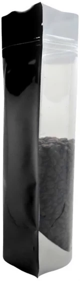 Side View of Clear/Black 16 oz. Stand Up Pouch with Valve with Coffee Beans