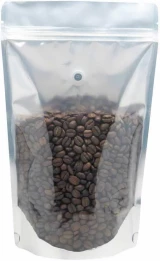 Clear/Black 16 oz. Stand Up Pouch with Valve with Coffee Beans