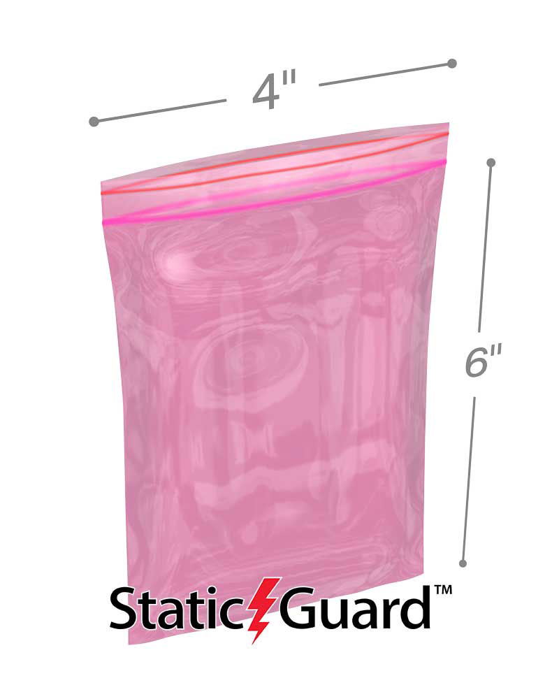 4 x 6 4 Mil Pink Anti Static locking Bags with Dimensions