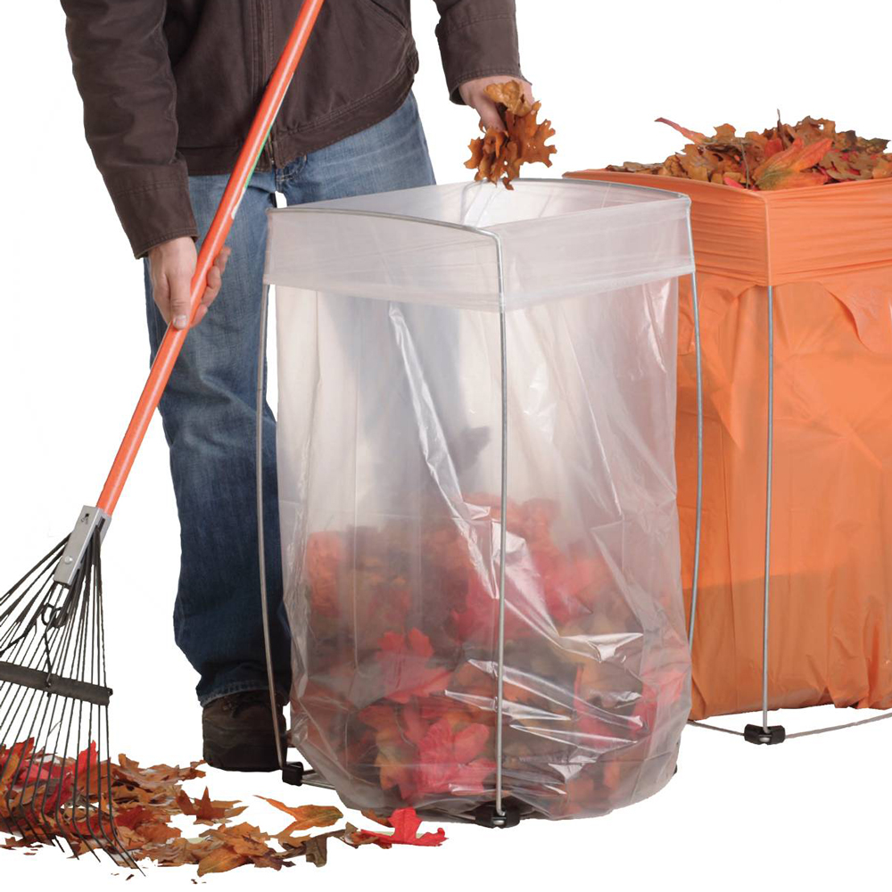 45 Gallon Large Bag Buddy Bag Holder with clear and orange trash bags holding leaves