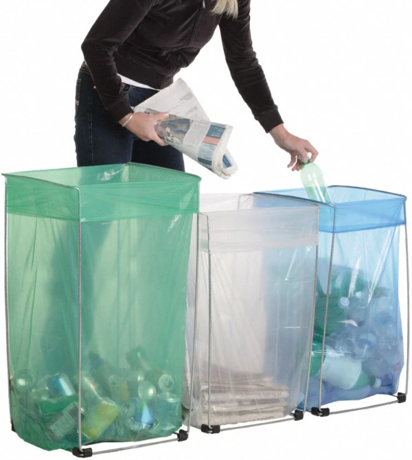 Bag Buddy Bag Holders - Value Pack Value Bag Buddy on white background with woman Dropping Plastic Bottle into Blue Bag