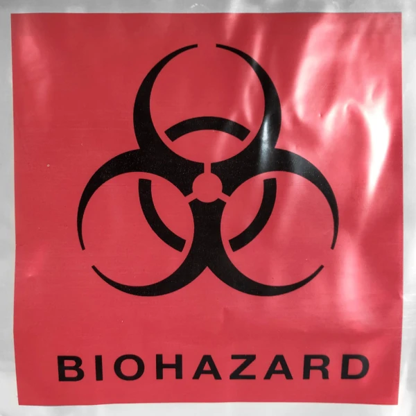 3 Wall 6 x 9 2 mil Specimen Shield Zipper Locking Pouch Bags Print Close up of 3 Wall 6 x 9 2 mil Specimen Shield Zipper Locking Pouch Bags Red Biohazard Print