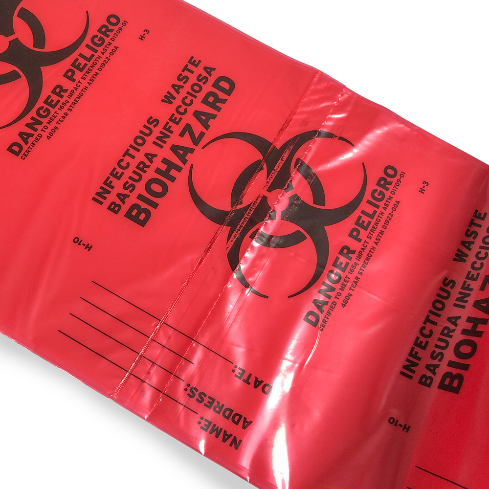 Close up of 12-16 Gallon Medical Waste Trash Bags - 1.3 Mil Perforation at Bottom of Bag