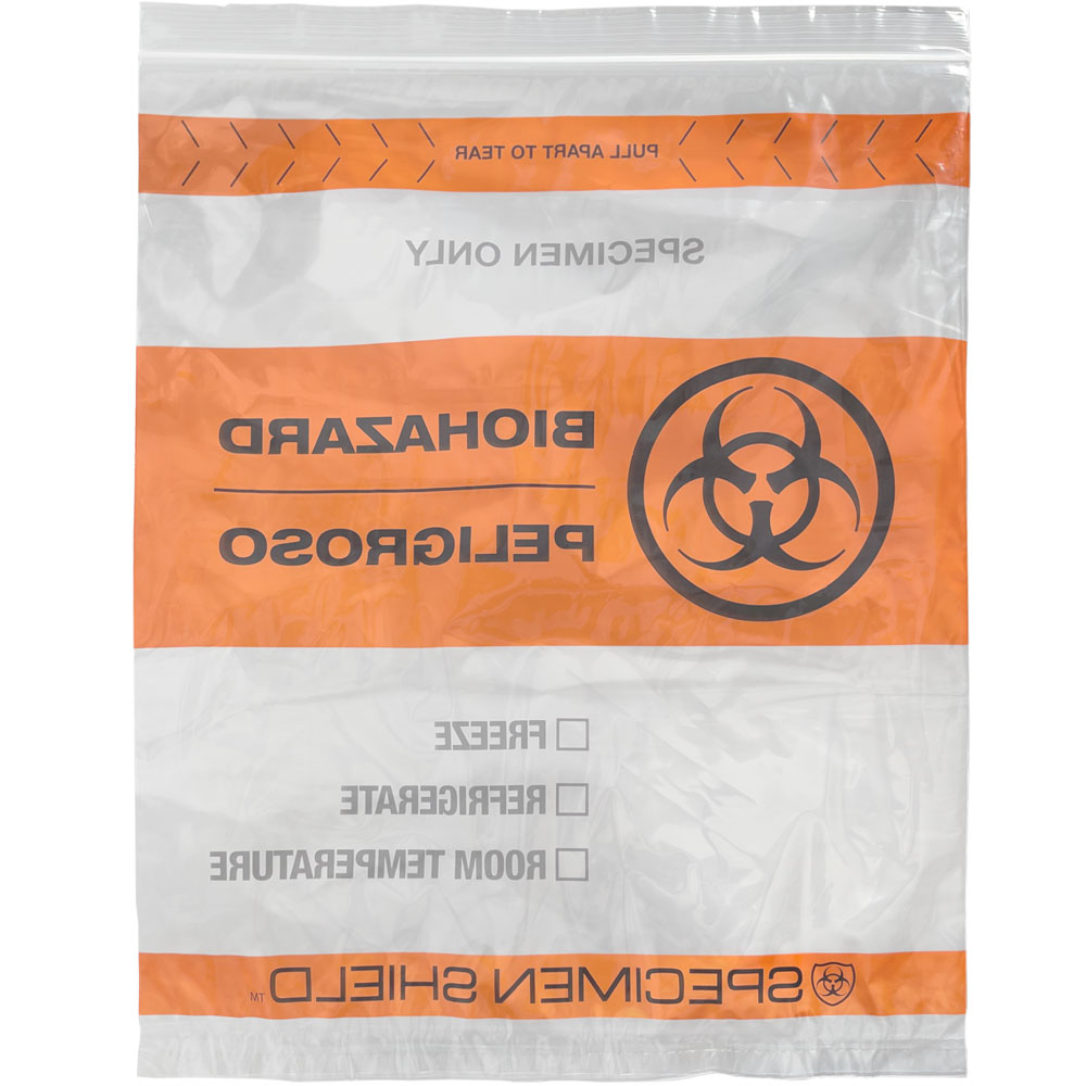 Back of 12 x 15 Specimen Shield Tear Pouch Bags Black and Orange