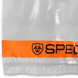 Close up of 12 x 15 Specimen Shield Tear Pouch Bags Black and Orange Bottom Seal