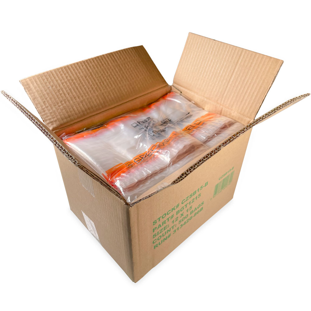 Case of 12 x 15 Specimen Shield Tear Pouch Bags Black and Orange