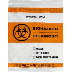 12" x 15" Specimen Shield Tear Pouch Bags Black and Orange