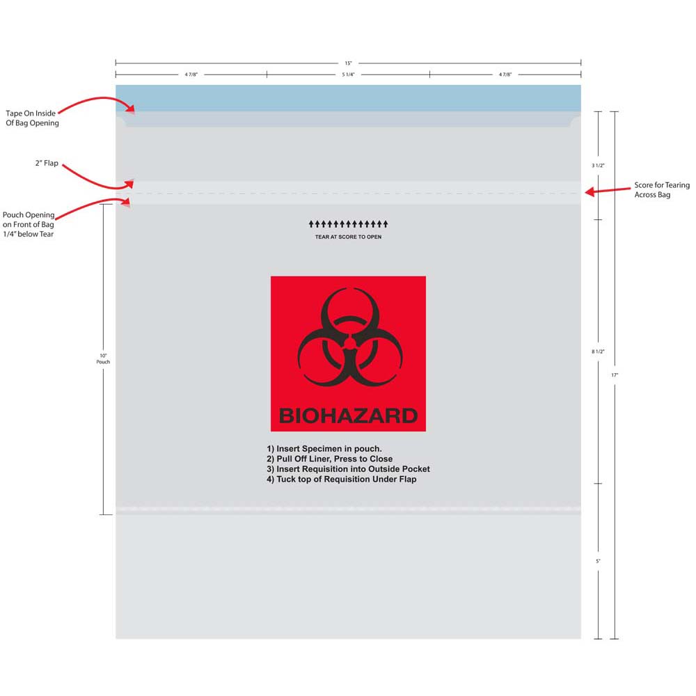 15x17 Specimen Shield Peel n Seal Tear Pouch Bags Specimen Shield Transport Bags