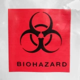 Close up of Red Biohazard Print on Front of 3 x 5 Biohazard Zipper Locking Bags