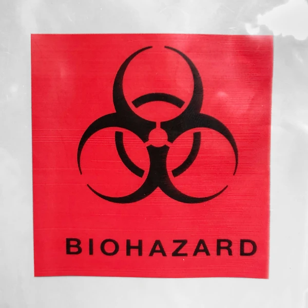 3 x 5 Biohazard Zipper Locking Bags Print Close up of Red Biohazard Print on Front of 3 x 5 Biohazard Zipper Locking Bags