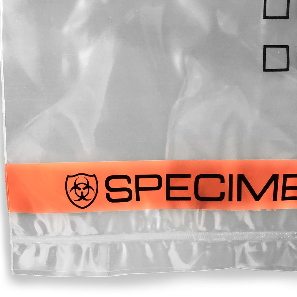 Close up of 6x9 2 colors Specimen Shield Zipper Locking Tear Pouch Bags Bottom Seal