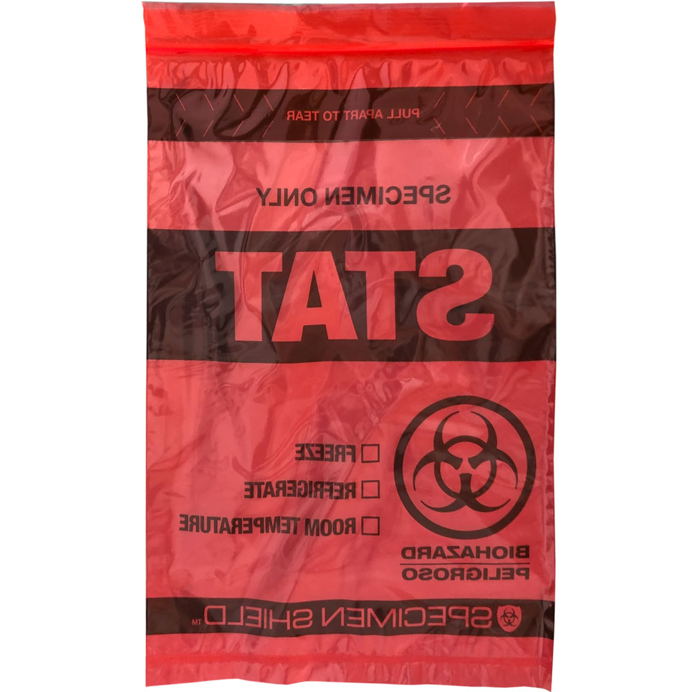 Back of 6x9 STAT 3 Wall Specimen Transport Zipper Locking Biohazard Red Bag