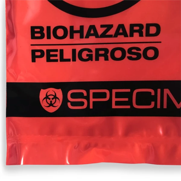 6x9 STAT 3 Wall Specimen Transport Zipper Locking Biohazard Bag Bottom Seal Close up of 6x9 STAT 3 Wall Specimen Transport Zipper Locking Biohazard Red Bag Bottom Seal