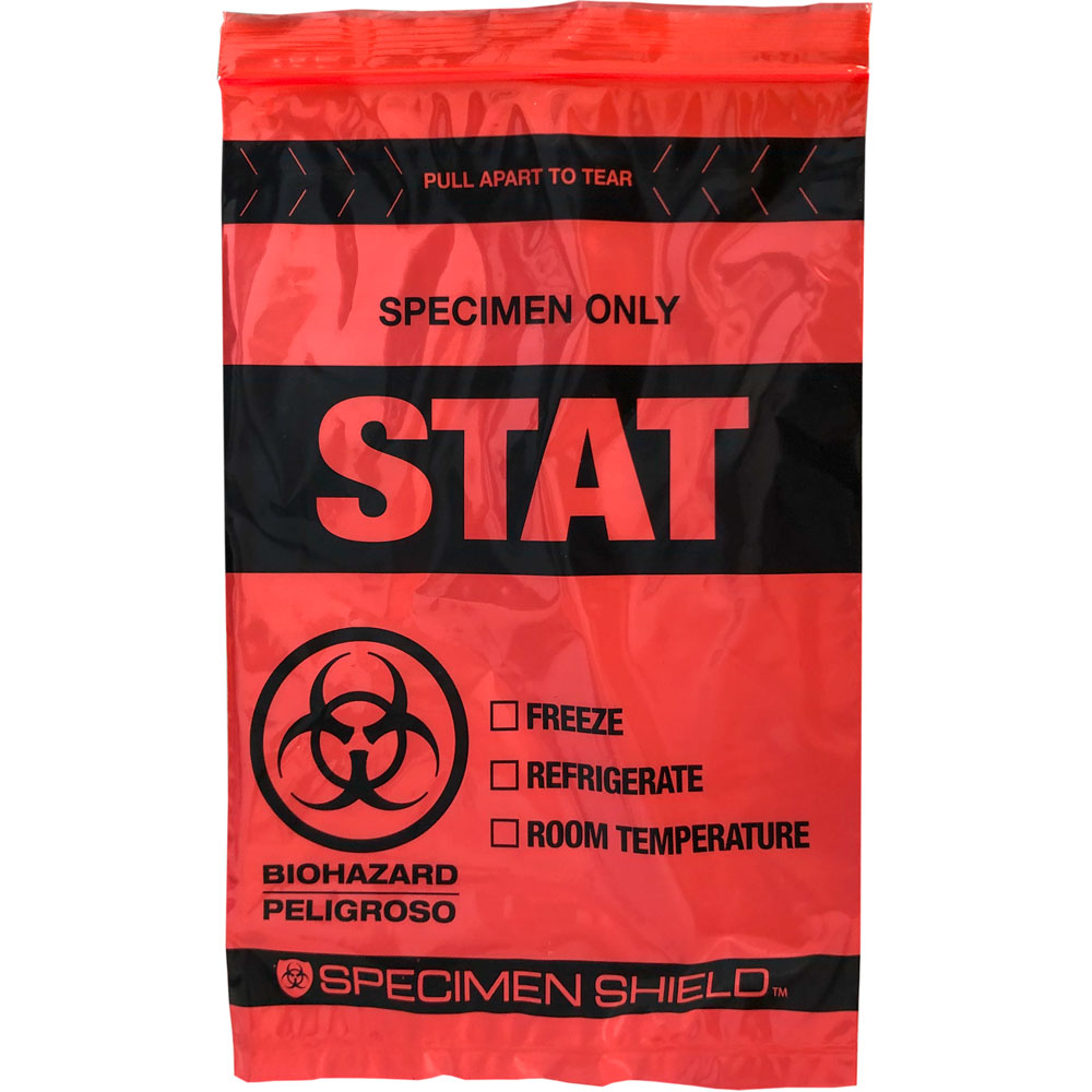 Front of 6x9 STAT 3 Wall Specimen Transport Zipper Locking Biohazard Red Bag