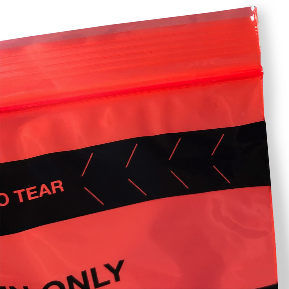 Close up of 6x9 STAT 3 Wall Specimen Transport Zipper Locking Biohazard Red Bag Zipper