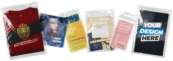 Multiple examples of different custom printed plastic bags