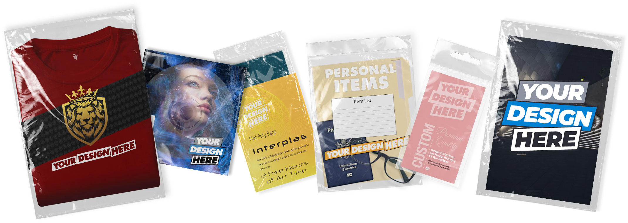 Multiple examples of different custom printed plastic bags