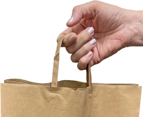 Hand holding handles of paper grocery bag with reinforced handles