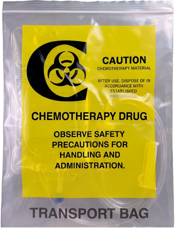 12 x 15 4 Mil Chemotherapy Drug Transport Bags with IV Bag & Infusion Tubing IV Bag & Infusion Tubing inside of a Clear 12 x 15 4 Mil Chemotherapy Drug Transport Bags