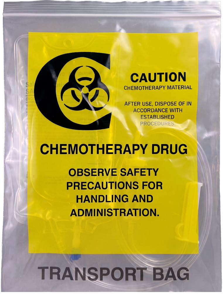 IV Bag & Infusion Tubing inside of a Clear 12 x 15 4 Mil Chemotherapy Drug Transport Bags