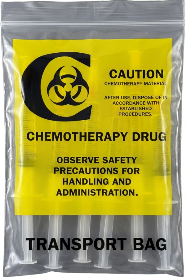 6 x 9 2 Mil Chemotherapy Drug Transport Bags with Prefilled Syringes Prefilled Chmo Syringes in a 6 in x 9 in Chemo Bags 2 Mil