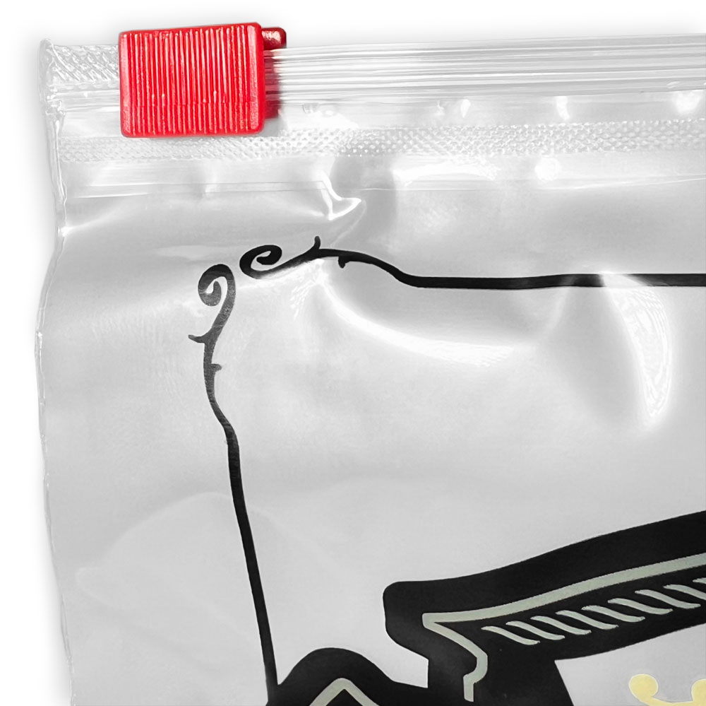 Close up of 6.5 x 10 4 mil Slider Lock Tobacco Bags Red Slider Lock