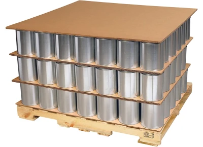 Corrugated Cardboard Sheets Stacked Between Metal Cans on Pallet