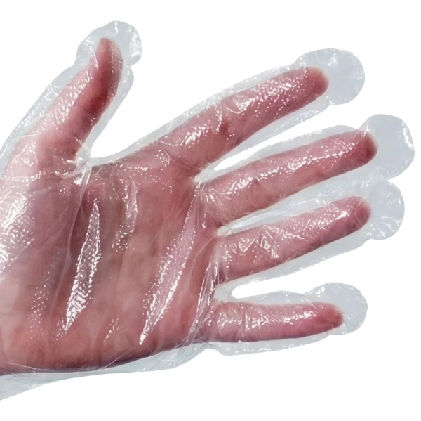 Embossed Elbow Length Food Prep Gloves Detail of Embossed Elbow Length Clear Poly Food Service Gloves