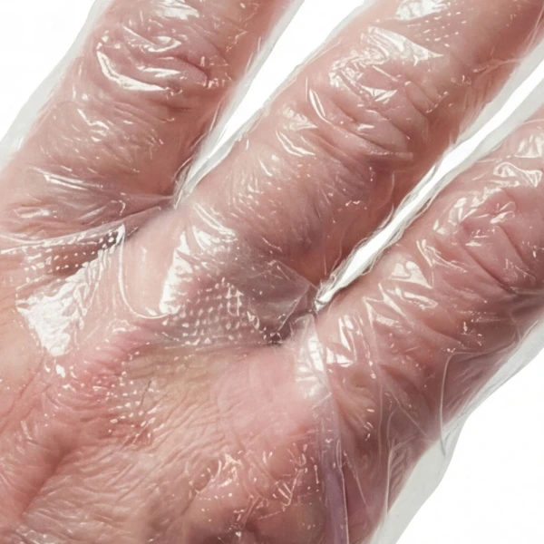 Elbow Length Clear Poly Food Service Gloves Embossed Detail Embossed Detail of Embossed Poly Food Prep Gloves