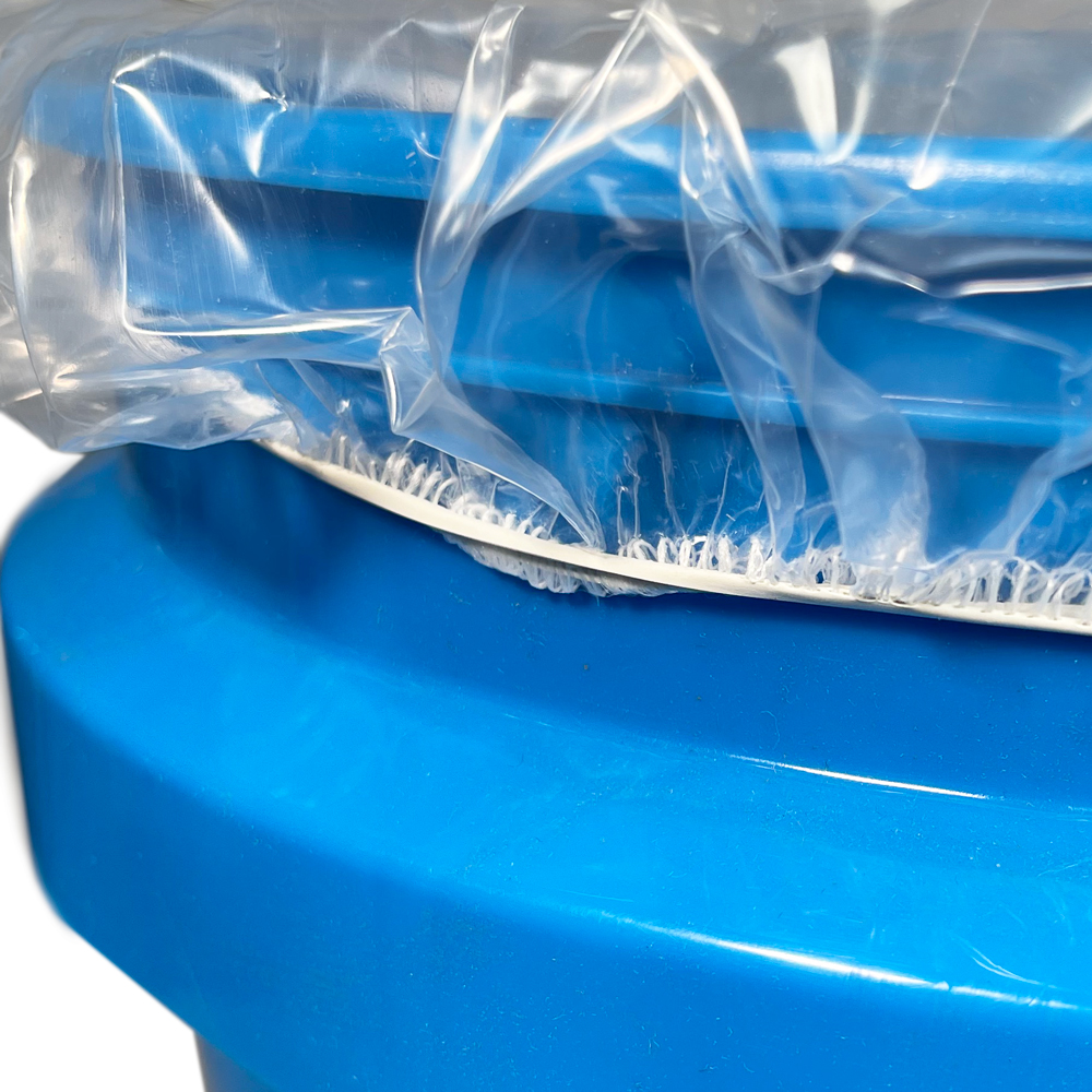 Close up of 5 Gallon 4 Mil Elastic Pail Dust Cover Elastic Band