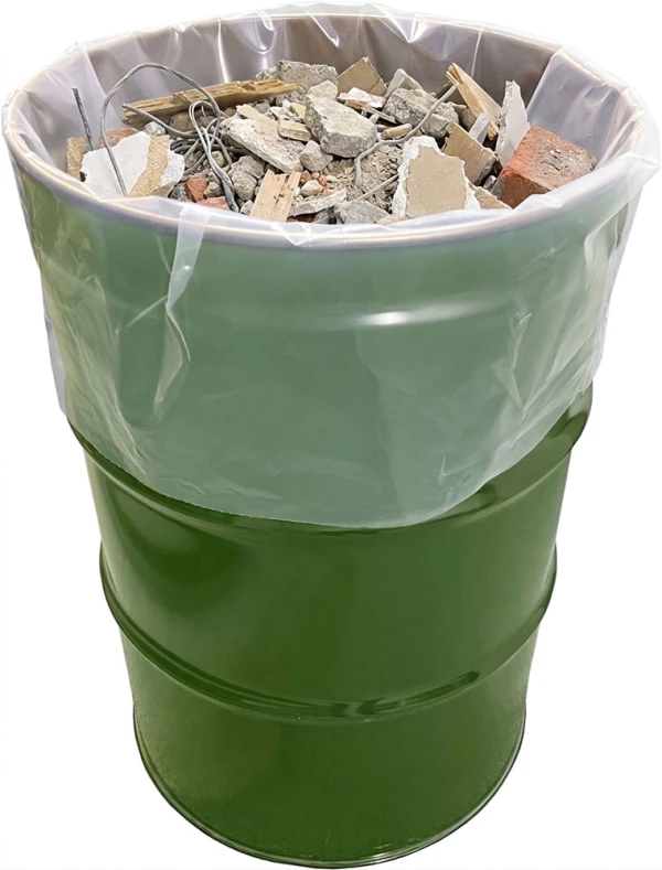 38 x 60 6 Mil Drum Liners with Construction Debris Coinstruction Debris in a Clear 38 x 60 6 mil 55 Gallon Drum Liner Bags in Green 55 Gallon Drum