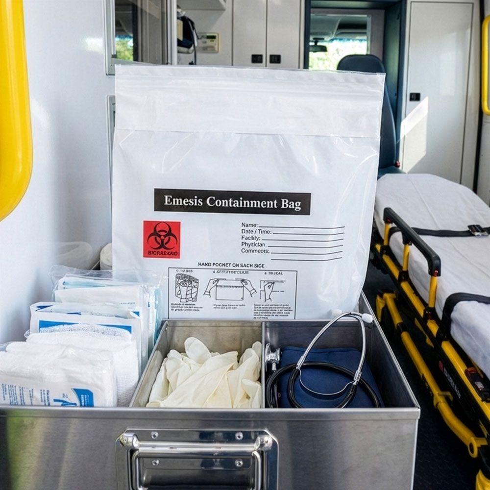 Inside of an Ambulance with a 10.25 x 10.25 + 2.5 Emesis Bags with Write On Area