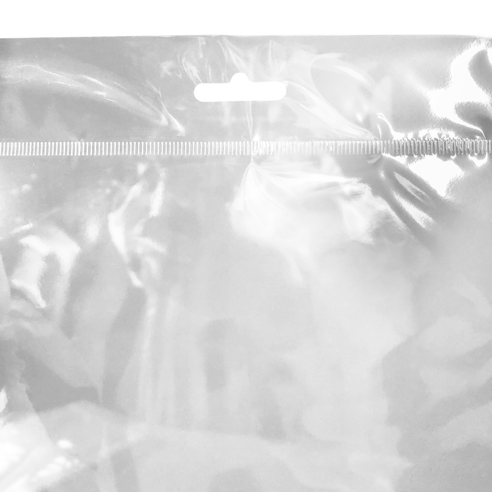 Close up of 12.25 x 12.25 Retail Header Bag Resealable Tape Hang Hole
