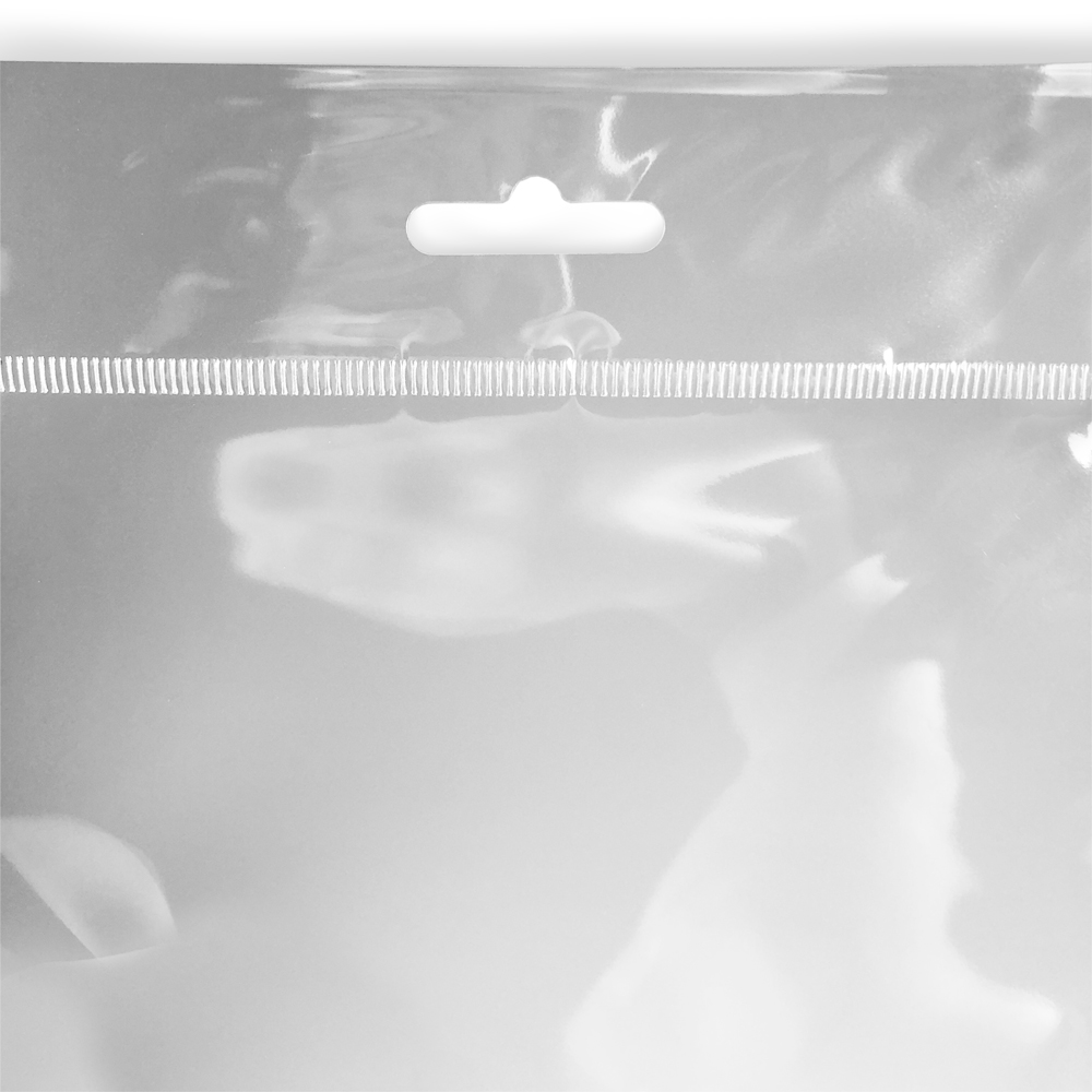 Close up of 6 x 9 Retail Header Bag with Resealable Tape Hang Hole