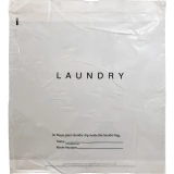 100 Pack of Drawstring Plastic Laundry Bags Front of Bag With Text Printed for Information at Bottom