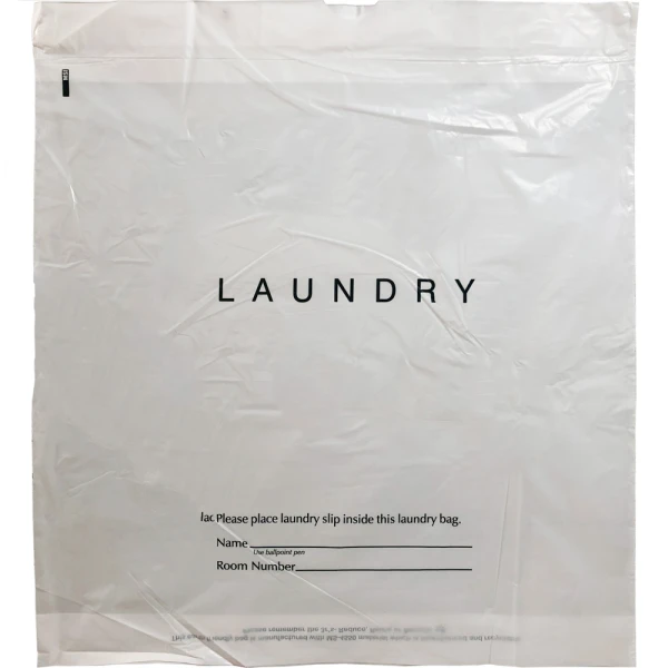 100 Pack of Drawstring Plastic Laundry Bags 100 Pack of Drawstring Plastic Laundry Bags Front of Bag With Text Printed for Information at Bottom