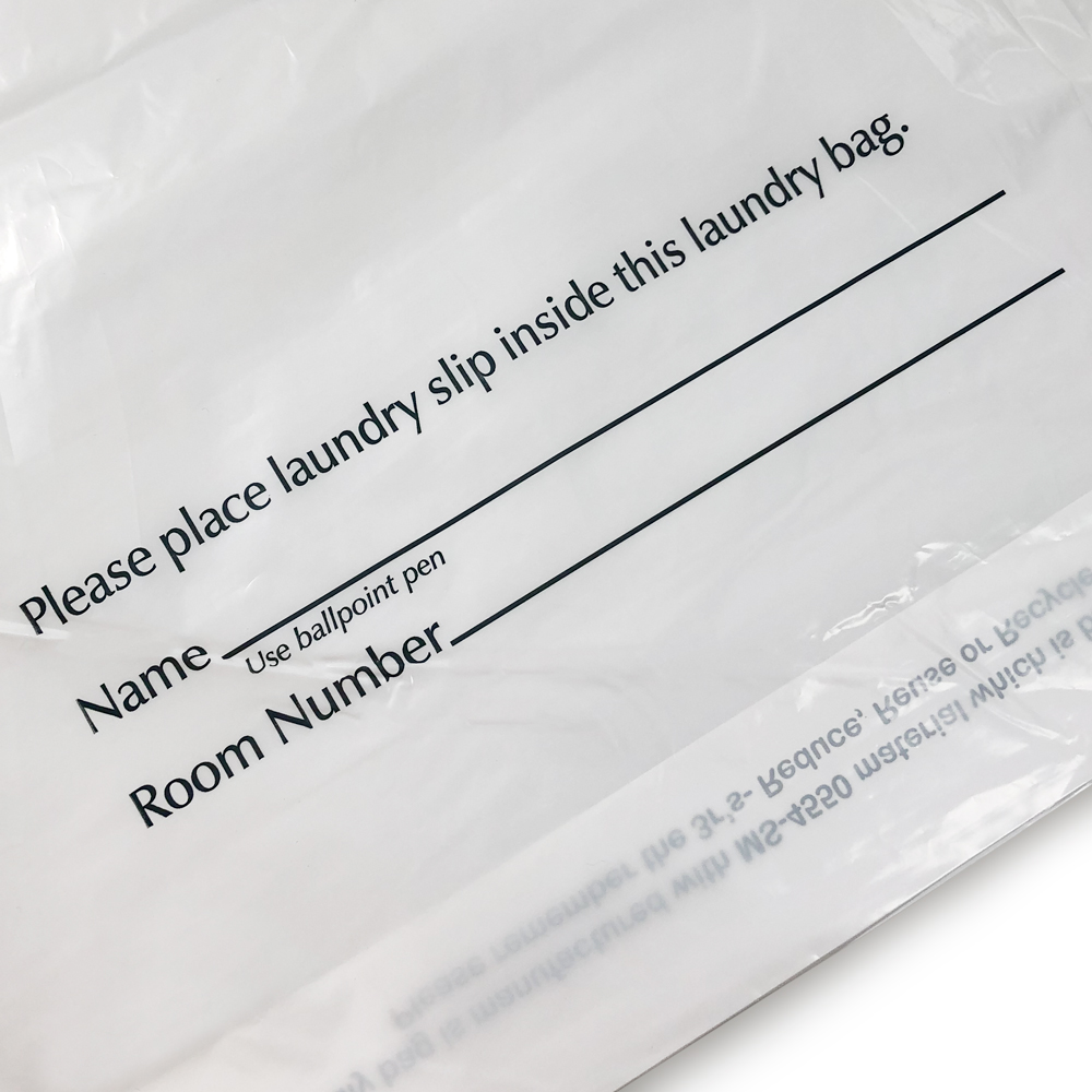 Close up of 18 x 19 1.25 Mil Earth Friendly Hotel Laundry Bag Name and Room Number Print