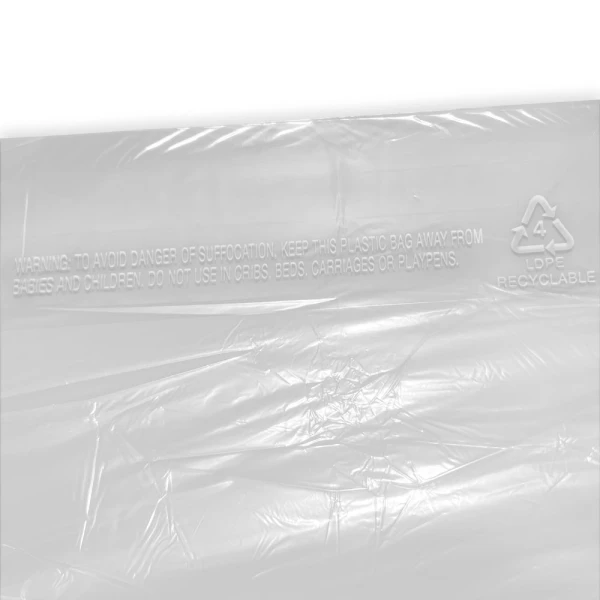 21 x 4 x 72 .5 Mil Clear Dry Cleaning Bags Suffocation Warning Close up of 21 x 4 x 72 .5 Mil Clear Dry Cleaning Bags Suffocation Warning