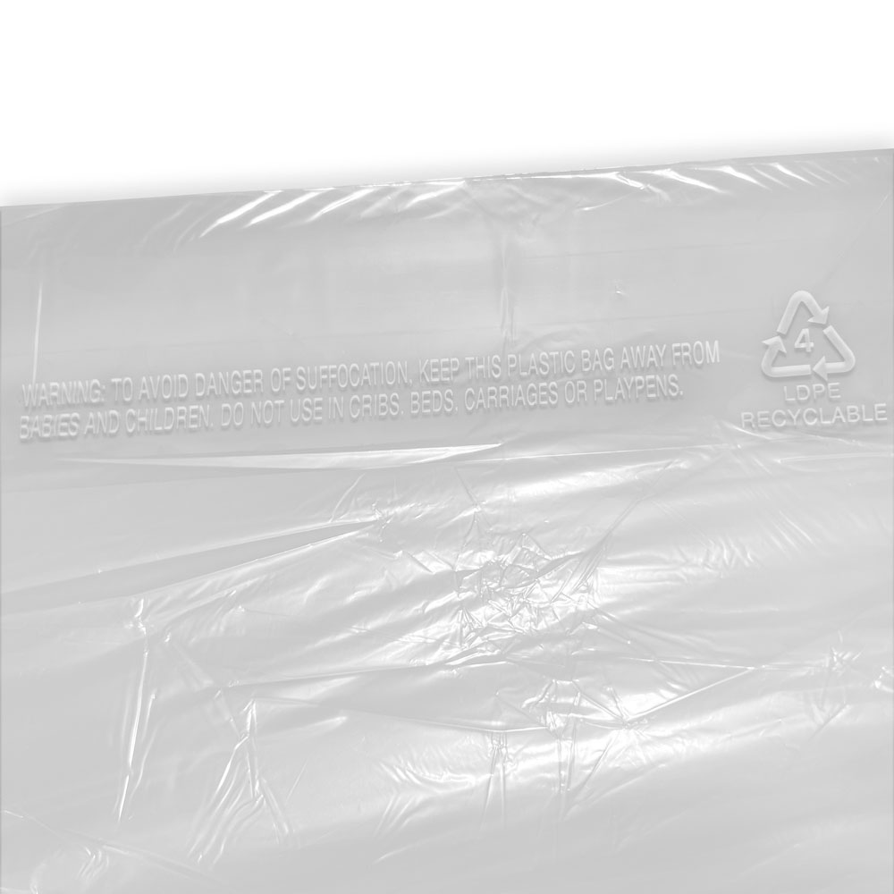 Close up of 21 x 4 x 72 .5 Mil Clear Dry Cleaning Bags Suffocation Warning