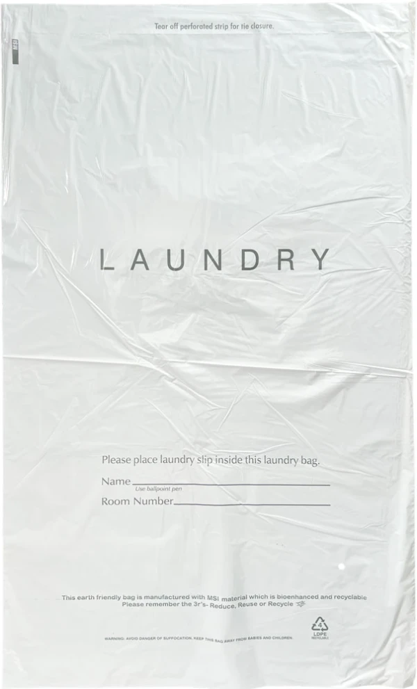 Hospitality Plastic Tear Strip Laundry Bags Front Front of 14 x 24 0.8 Mil Plastic Laundry Bags - Eco Friendly
