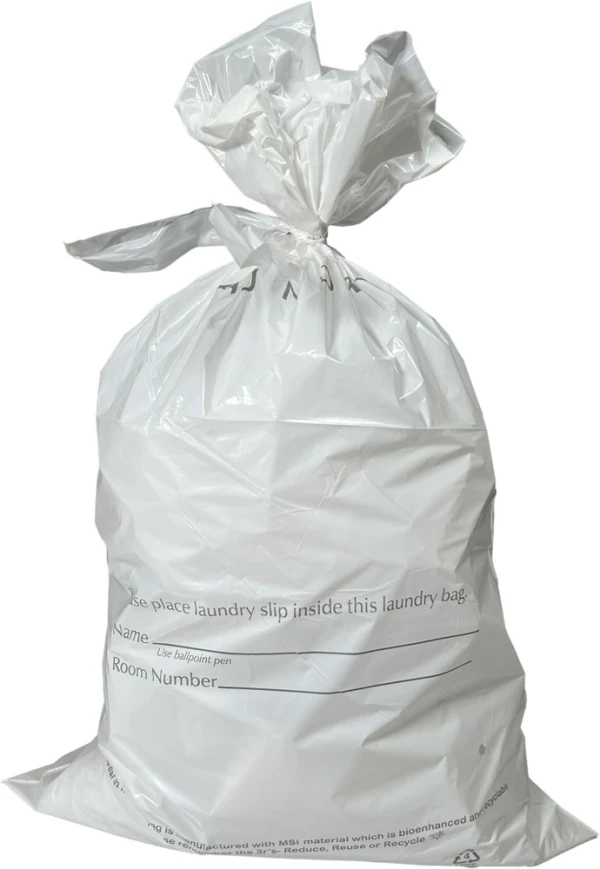 Hospitality Plastic Tear Strip Laundry Bags Tied 14 x 24 0.8 Mil Plastic Laundry Bags - Eco Friendly