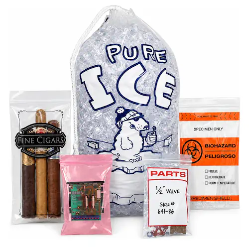 Specialty bags including a printed ice bag, cigar bag, ESD parts bag, and biohazard specimen bag.