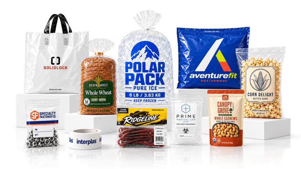 Custom printed packaging: a branded tote bag, bread and ice bags, a poly mailer, stand-up pouches, zipper bags and printed packing tape