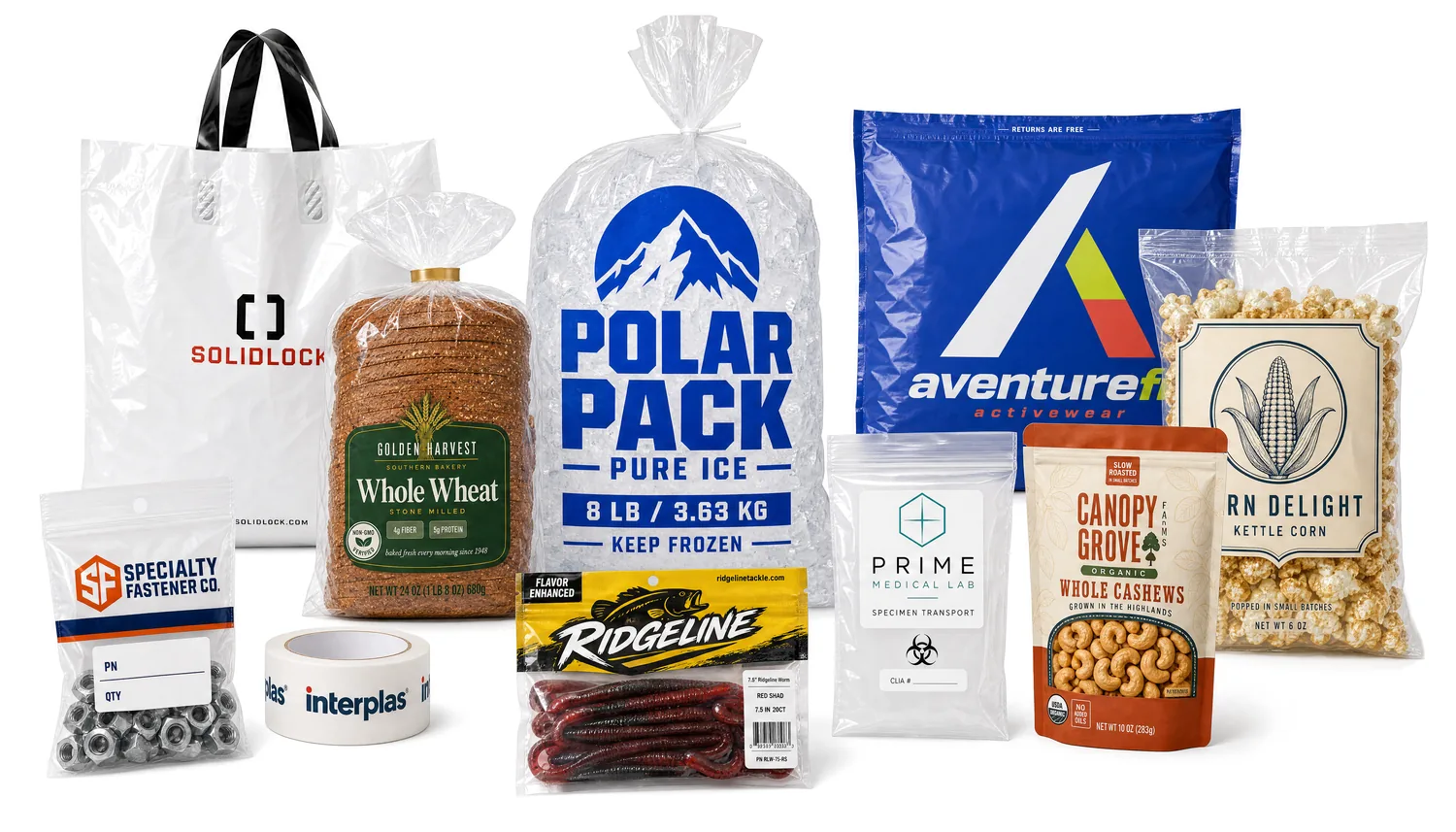 Custom flexible packaging with printed branding: bags, stand-up pouches, poly mailers, and packing tape