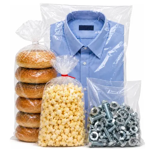 Three clear poly bags holding bagels, popcorn, and hardware beside a poly garment bag with a folded shirt.