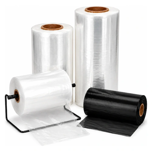 Rolls of clear stretch film and poly tubing with a wire dispenser and a roll of black film.