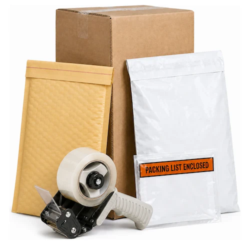 A corrugated shipping box, kraft bubble mailer, white poly mailer, tape gun, and packing list envelope.