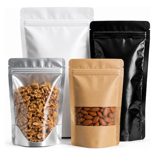 Four stand-up pouches in white, silver, kraft, and black holding coffee, nuts, and dried goods.